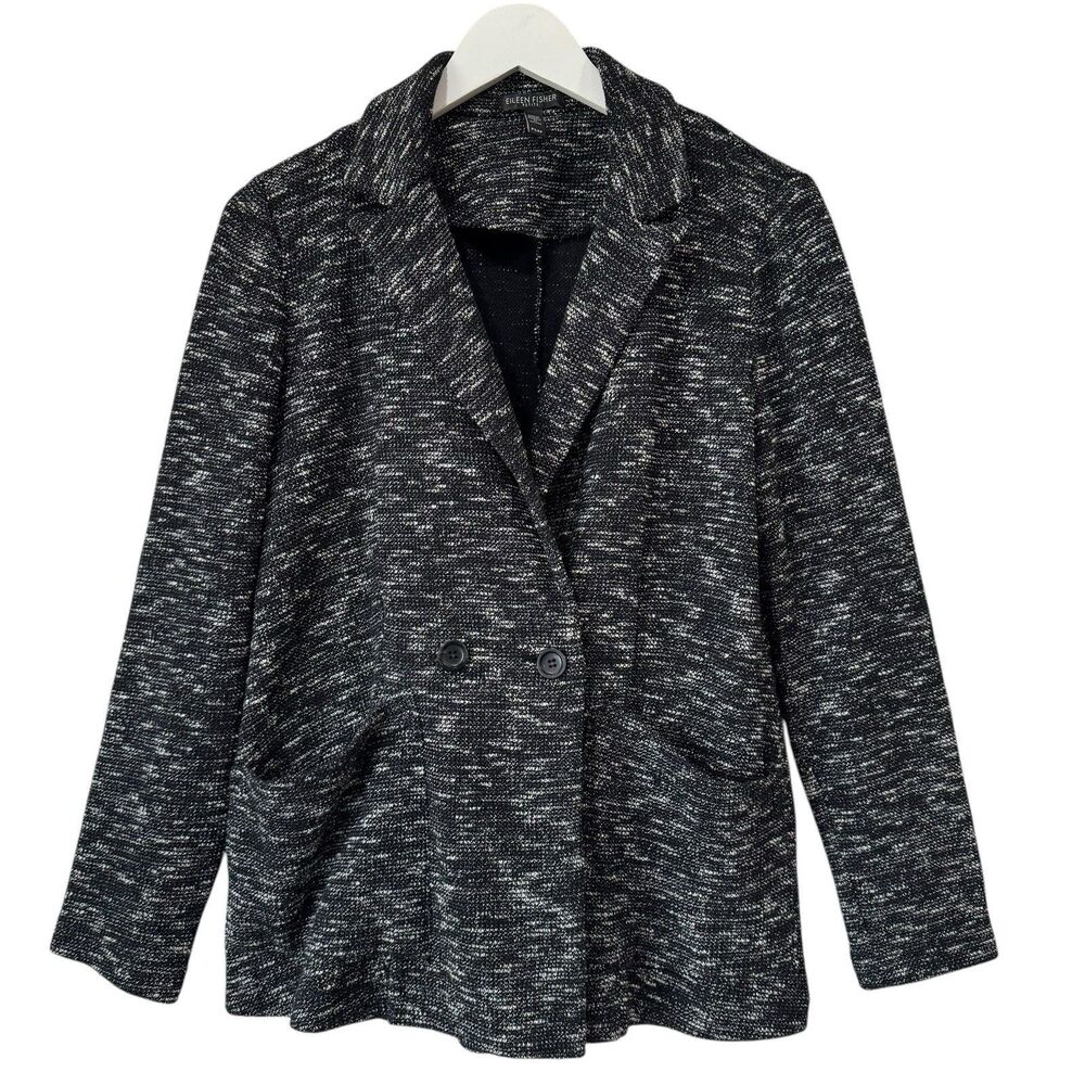 Eileen Fisher Black Notch Classic Collar Tweedy Organic Cotton Knit Blazer PS